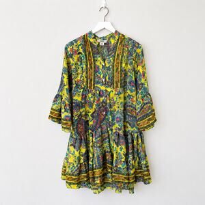 Zury Yellow Silk Blend Paisley Floral Tiered Boho Tunic Dress Free Size